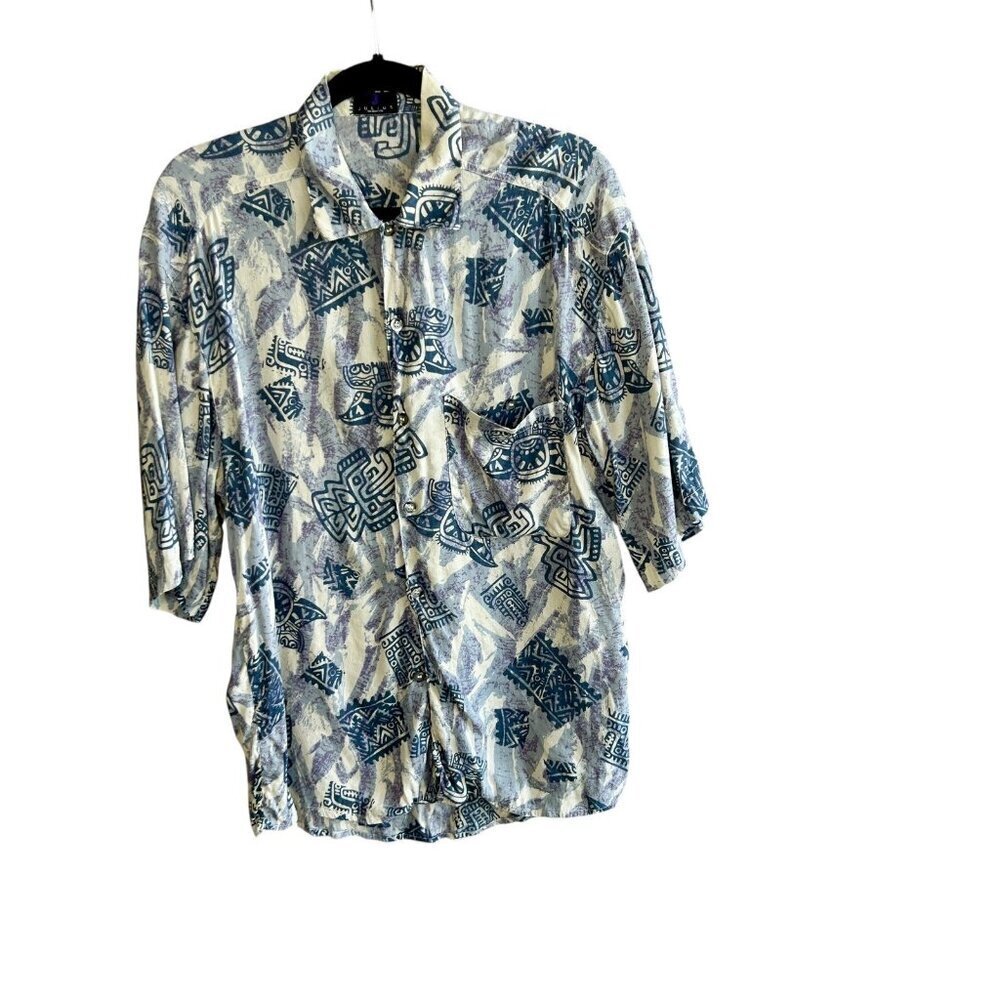 Men’s Vintage Blue Ethnic Tribal Print SS Disco Casual Shirt Size Medium